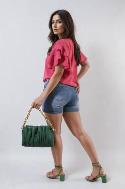 Fuschia Cynthia Layered Ruffle Short Sleeve Tie Front Top<IKRUSH Outlet