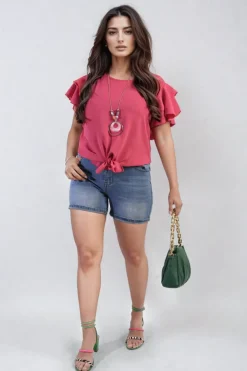 Fuschia Cynthia Layered Ruffle Short Sleeve Tie Front Top<IKRUSH Outlet