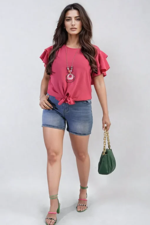 Fuschia Cynthia Layered Ruffle Short Sleeve Tie Front Top<IKRUSH Outlet