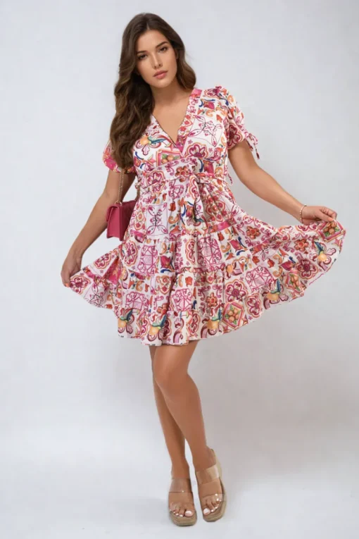 Fuschia Delilah Floral V-Neck Tie Waist Mini Dress<IKRUSH Hot
