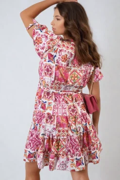 Fuschia Delilah Floral V-Neck Tie Waist Mini Dress<IKRUSH Hot