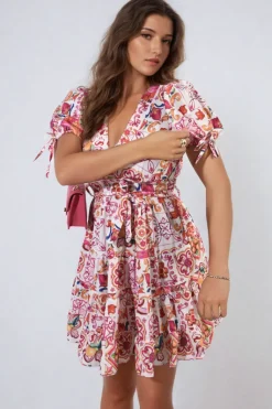 Fuschia Delilah Floral V-Neck Tie Waist Mini Dress<IKRUSH Hot