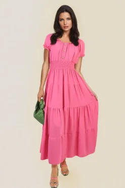 Fuschia Emmy Smocked Waist Tiered Midi Dress<IKRUSH New