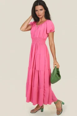 Fuschia Emmy Smocked Waist Tiered Midi Dress<IKRUSH New