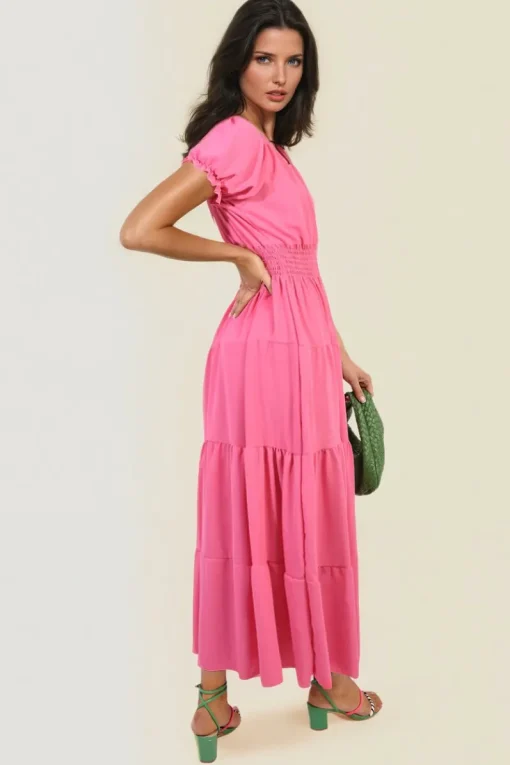 Fuschia Emmy Smocked Waist Tiered Midi Dress<IKRUSH New