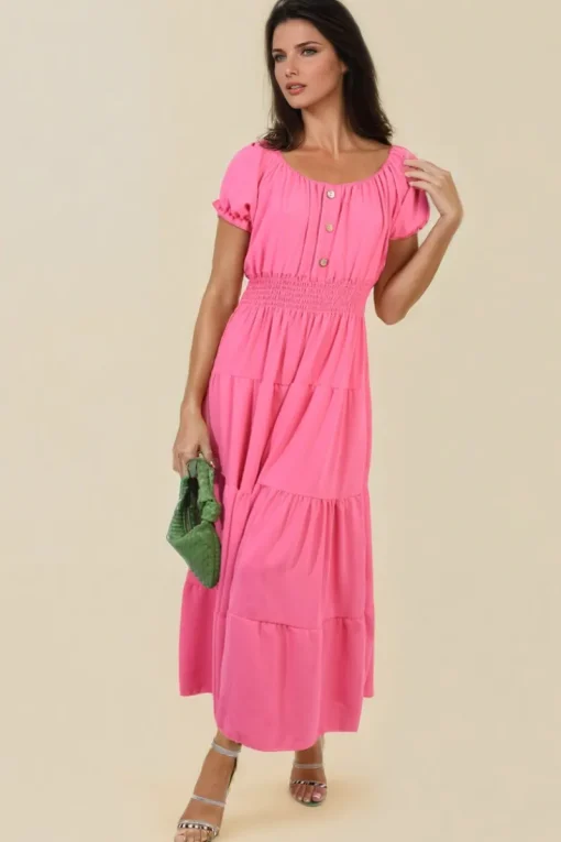 Fuschia Emmy Smocked Waist Tiered Midi Dress<IKRUSH New
