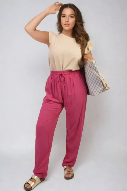 Fuschia Matilda Drawstring High Waist Trouser with Side Pockets<IKRUSH New