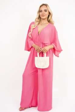 Fuschia Maysa Wide Leg V Neck Jumpsuit with Back Tie Detail<IKRUSH Fashion