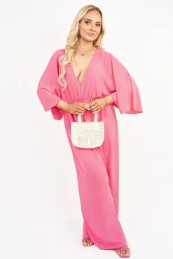 Fuschia Maysa Wide Leg V Neck Jumpsuit with Back Tie Detail<IKRUSH Fashion