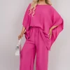 Fuschia Melody Batwing Top and Drawstring Wide Leg Trousers Co-ord Set<IKRUSH New