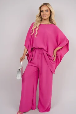 Fuschia Melody Batwing Top and Drawstring Wide Leg Trousers Co-ord Set<IKRUSH New