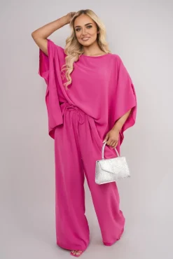 Fuschia Melody Batwing Top and Drawstring Wide Leg Trousers Co-ord Set<IKRUSH New