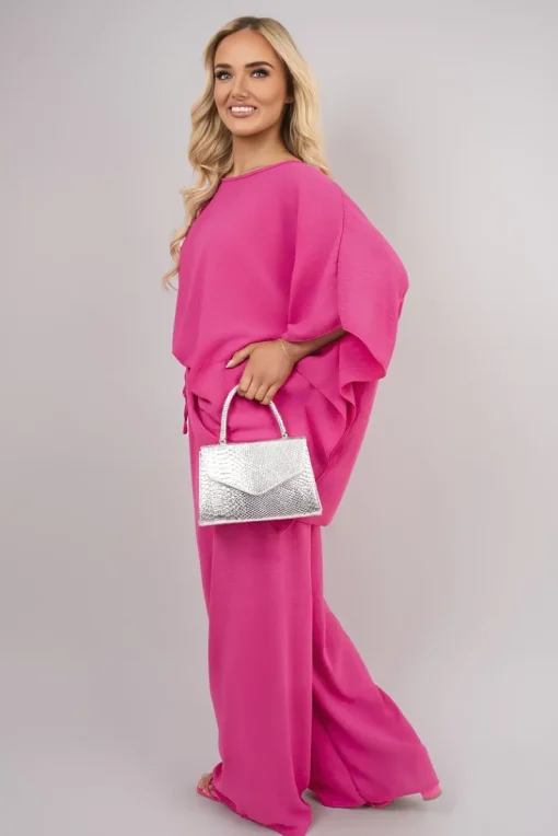 Fuschia Melody Batwing Top and Drawstring Wide Leg Trousers Co-ord Set<IKRUSH New