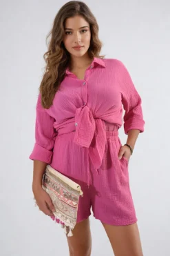 Fuschia Monica Oversized Button Front Shirt and Shorts Co-ord Set<IKRUSH New