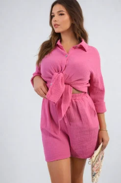 Fuschia Monica Oversized Button Front Shirt and Shorts Co-ord Set<IKRUSH New