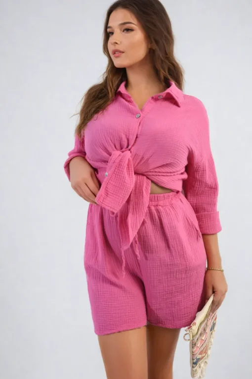 Fuschia Monica Oversized Button Front Shirt and Shorts Co-ord Set<IKRUSH New