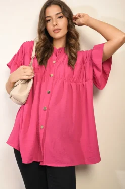 Fuschia Rebecca Button Down Pleated Frill Tops<IKRUSH Discount