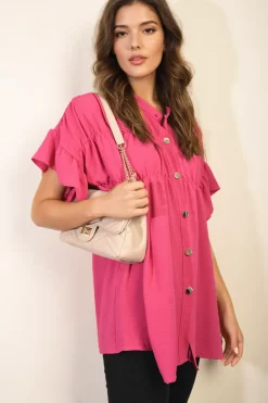 Fuschia Rebecca Button Down Pleated Frill Tops<IKRUSH Discount