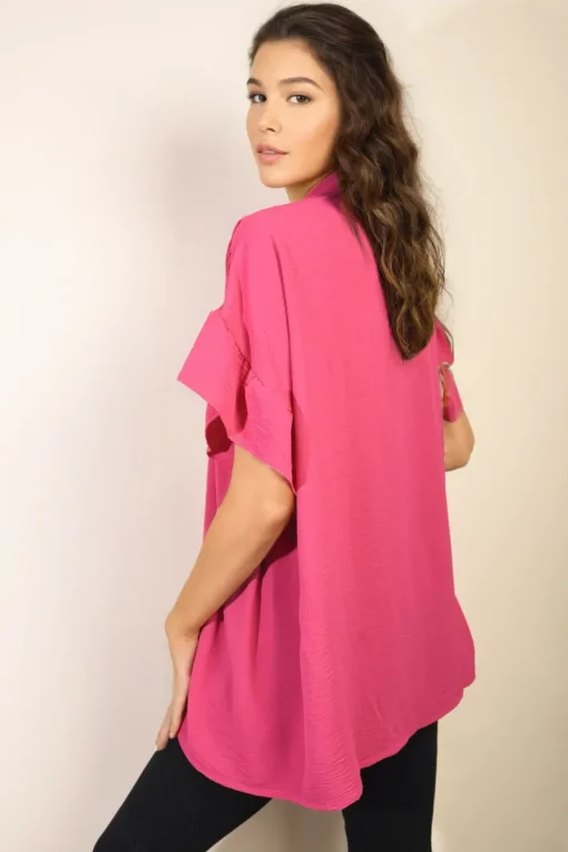 Fuschia Rebecca Button Down Pleated Frill Tops<IKRUSH Discount
