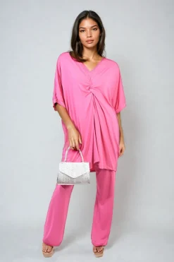 Fuschia Tiana Twist Front Plunge Neckline Top and Trouser Co-ord Set<IKRUSH New
