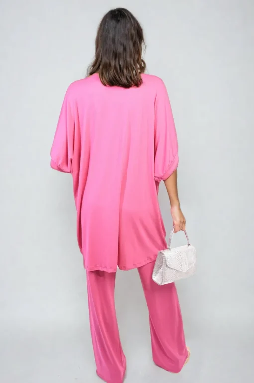 Fuschia Tiana Twist Front Plunge Neckline Top and Trouser Co-ord Set<IKRUSH New