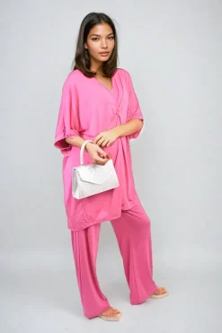 Fuschia Tiana Twist Front Plunge Neckline Top and Trouser Co-ord Set<IKRUSH New