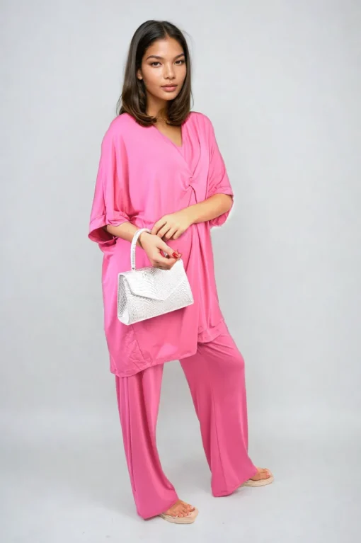 Fuschia Tiana Twist Front Plunge Neckline Top and Trouser Co-ord Set<IKRUSH New