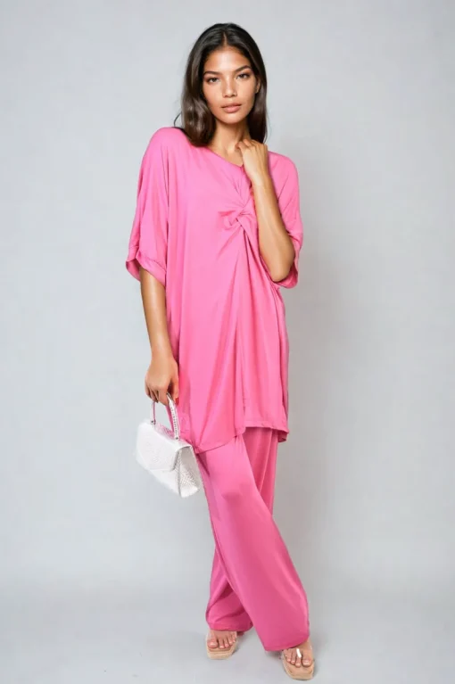 Fuschia Tiana Twist Front Plunge Neckline Top and Trouser Co-ord Set<IKRUSH New