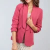 Fuschia Valerie Ruched Sleeve Open Front Blazer Jacket with Front Pockets<IKRUSH Fashion