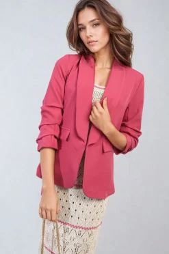 Fuschia Valerie Ruched Sleeve Open Front Blazer Jacket with Front Pockets<IKRUSH Fashion