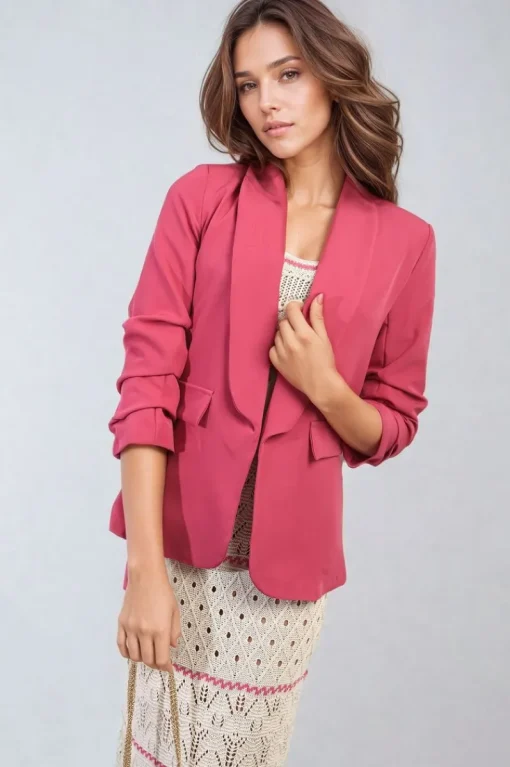 Fuschia Valerie Ruched Sleeve Open Front Blazer Jacket with Front Pockets<IKRUSH Fashion