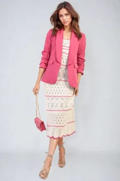 Fuschia Valerie Ruched Sleeve Open Front Blazer Jacket with Front Pockets<IKRUSH Fashion