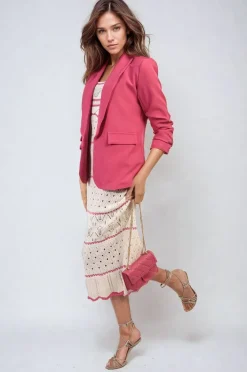 Fuschia Valerie Ruched Sleeve Open Front Blazer Jacket with Front Pockets<IKRUSH Fashion