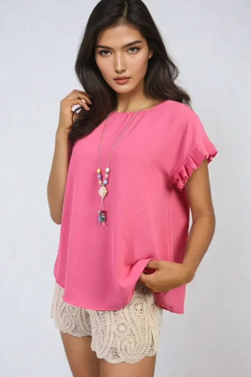 Fuschia Vera Ruffle Trim Sleeve Top<IKRUSH Hot