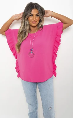 Fuschia Vienna Frill Sleeve Top With Chain<IKRUSH Sale