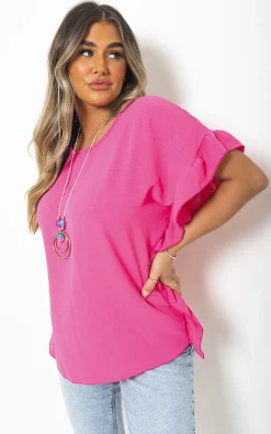 Fuschia Vienna Frill Sleeve Top With Chain<IKRUSH Sale