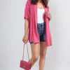 Fuschia Vivian Open Front Roll Up Sleeve Cardigan<IKRUSH New