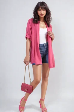 Fuschia Vivian Open Front Roll Up Sleeve Cardigan<IKRUSH New