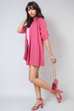 Fuschia Vivian Open Front Roll Up Sleeve Cardigan<IKRUSH New