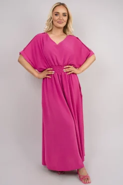 Fuschia Zamara V Neck Short Sleeve Maxi Dress with Button Detail<IKRUSH Best