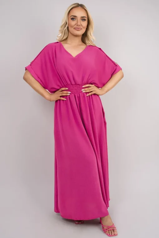 Fuschia Zamara V Neck Short Sleeve Maxi Dress with Button Detail<IKRUSH Best