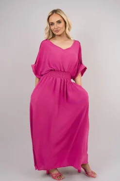 Fuschia Zamara V Neck Short Sleeve Maxi Dress with Button Detail<IKRUSH Best