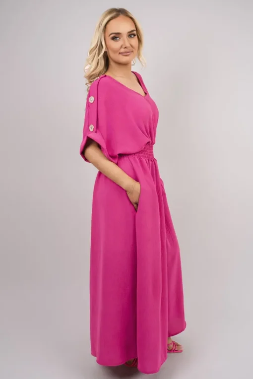 Fuschia Zamara V Neck Short Sleeve Maxi Dress with Button Detail<IKRUSH Best