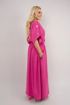 Fuschia Zamara V Neck Short Sleeve Maxi Dress with Button Detail<IKRUSH Best