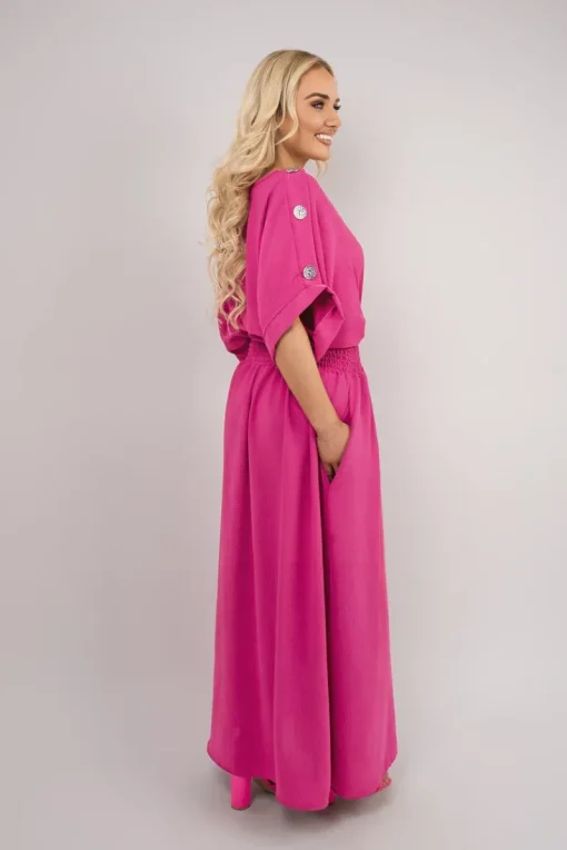 Fuschia Zamara V Neck Short Sleeve Maxi Dress with Button Detail<IKRUSH Best