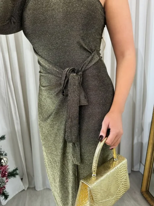 Gold Jodie One Shoulder Wrap Front Glitter Midi Dress<IKRUSH Sale
