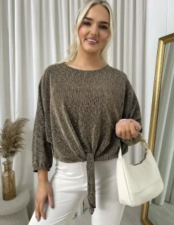 Gold Katrina Shimmer Long Sleeve Tie Front Top<IKRUSH Discount