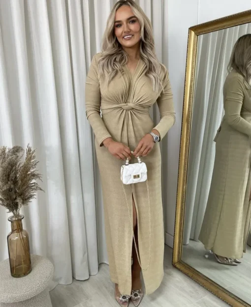Gold Lorena Glitter Twist Front Slit Maxi Dress<IKRUSH Fashion