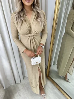 Gold Lorena Glitter Twist Front Slit Maxi Dress<IKRUSH Fashion