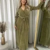 Gold Pamela Elegant V Neck Tie Waist Glittery Maxi Dress<IKRUSH Discount